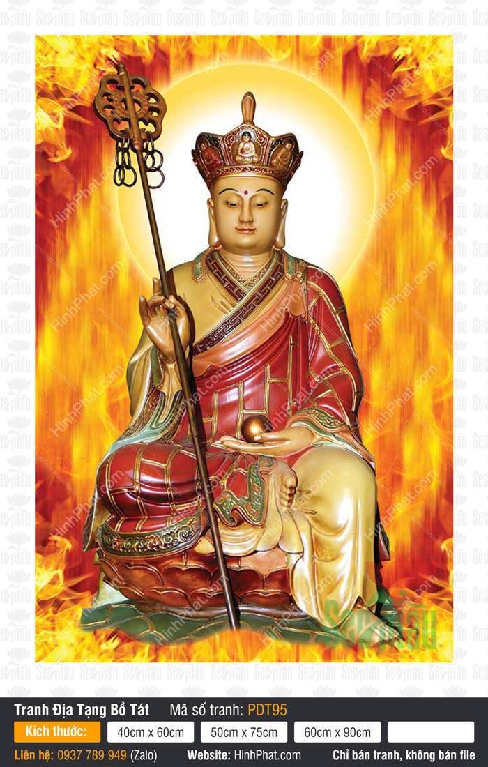 Tranh Địa Tạng Vương Bồ Tát kích thước lớn PDT95 Tranh Địa Tạng Vương Bồ Tát kích thước lớn PDT95 mặc cà sa đỏ cầm tích trượng minh châu