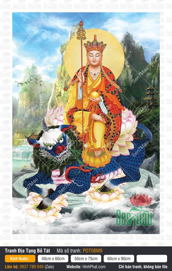 Tranh Đức Địa Tạng Bồ Tát PDT08M9 Tranh Đức Địa Tạng Bồ Tát PDT08M9 cưỡi linh thú Đề Thính giữa phong cảnh sơn thủy hữu tình