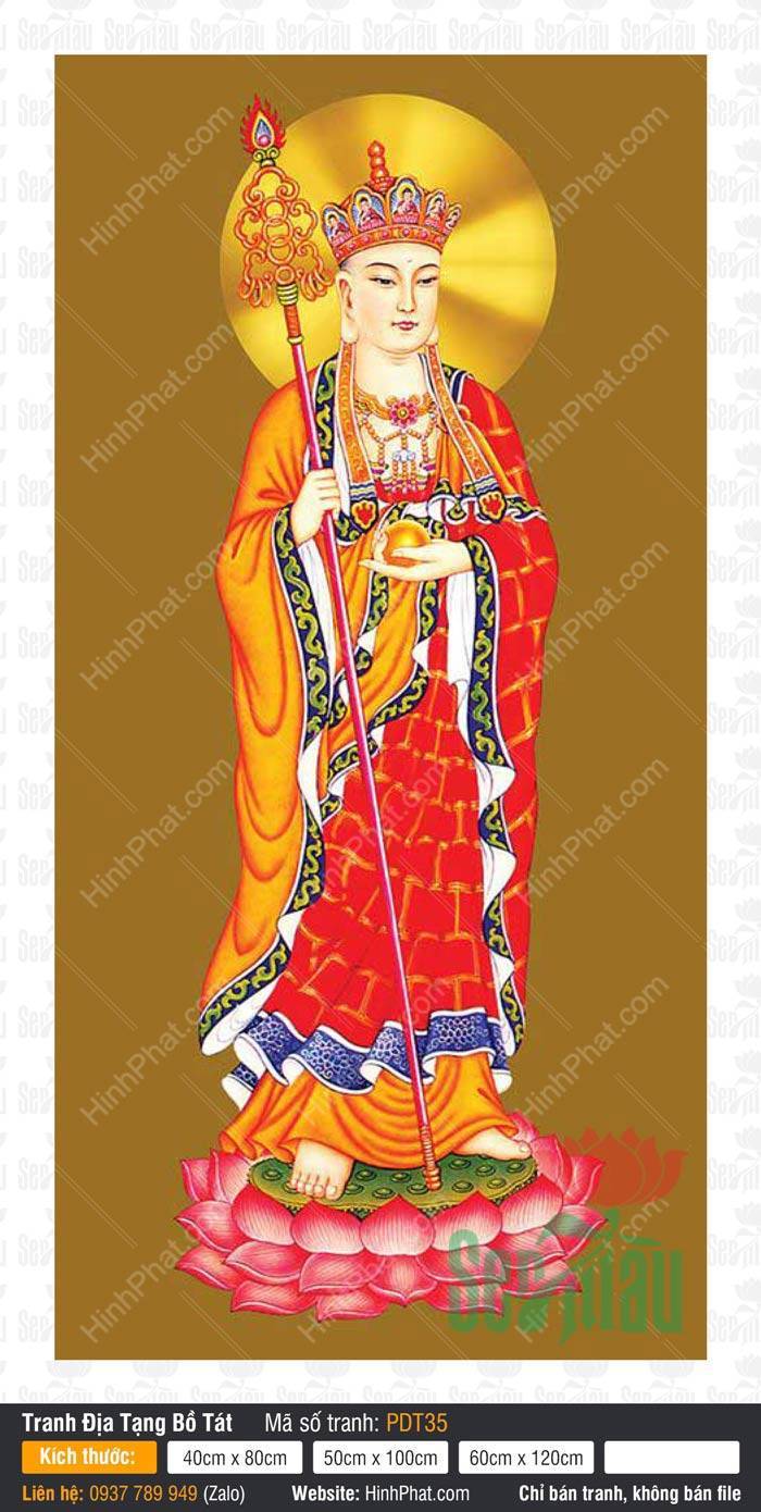 Địa Tạng Vương Bồ Tát PDT35 Địa Tạng Vương Bồ Tát PDT35 đứng trên đài sen hồng tay cầm tích trượng và minh châu vàng