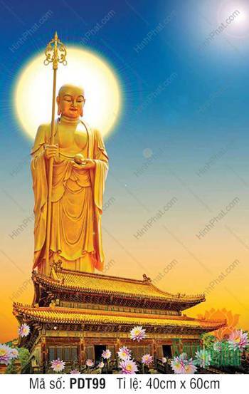 Hình Ảnh Đức Địa Tạng Vương Bồ Tát PDT99, thân vàng đứng trên mái chùa
