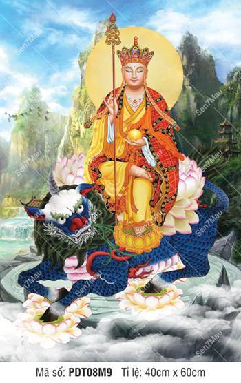 Tranh Đức Địa Tạng Bồ Tát PDT08M9, Ngài cưỡi linh thú Đề Thính