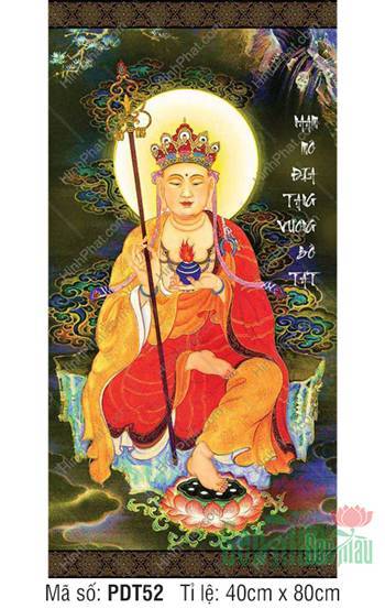 Tranh Địa Tạng Bồ Tát PDT52, tôn tượng Ngài cầm bảo bình rực lửa
