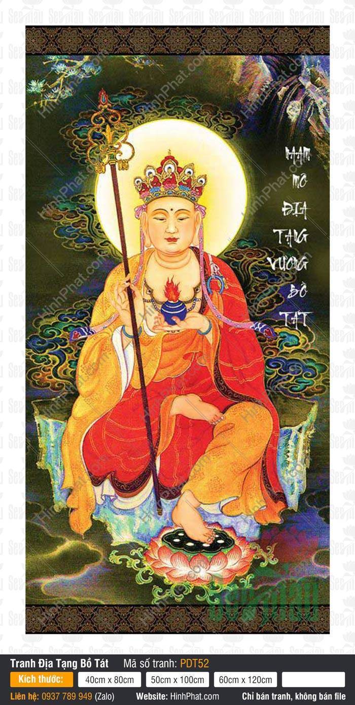 Tranh Địa Tạng Bồ Tát PDT52 Tranh Địa Tạng Bồ Tát PDT52 ngồi trên đài sen tay cầm tích trượng và bảo bình lửa
