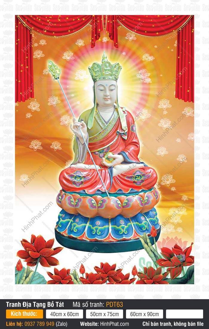 Tranh Địa Tạng Bồ Tát PDT63 Tranh Địa Tạng Bồ Tát PDT63, tôn tượng Ngài ngự tòa sen đa sắc, tay cầm Tích trượng và Minh châu