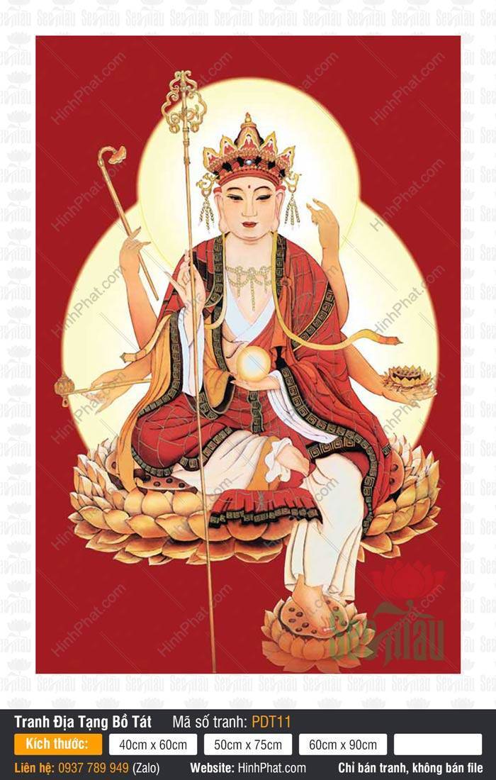Tranh Địa Tạng Vương Bồ Tát đẹp PDT11 Tranh Địa Tạng Vương Bồ Tát đẹp PDT11 hình tượng Ngài sáu tay cầm pháp bảo uy linh