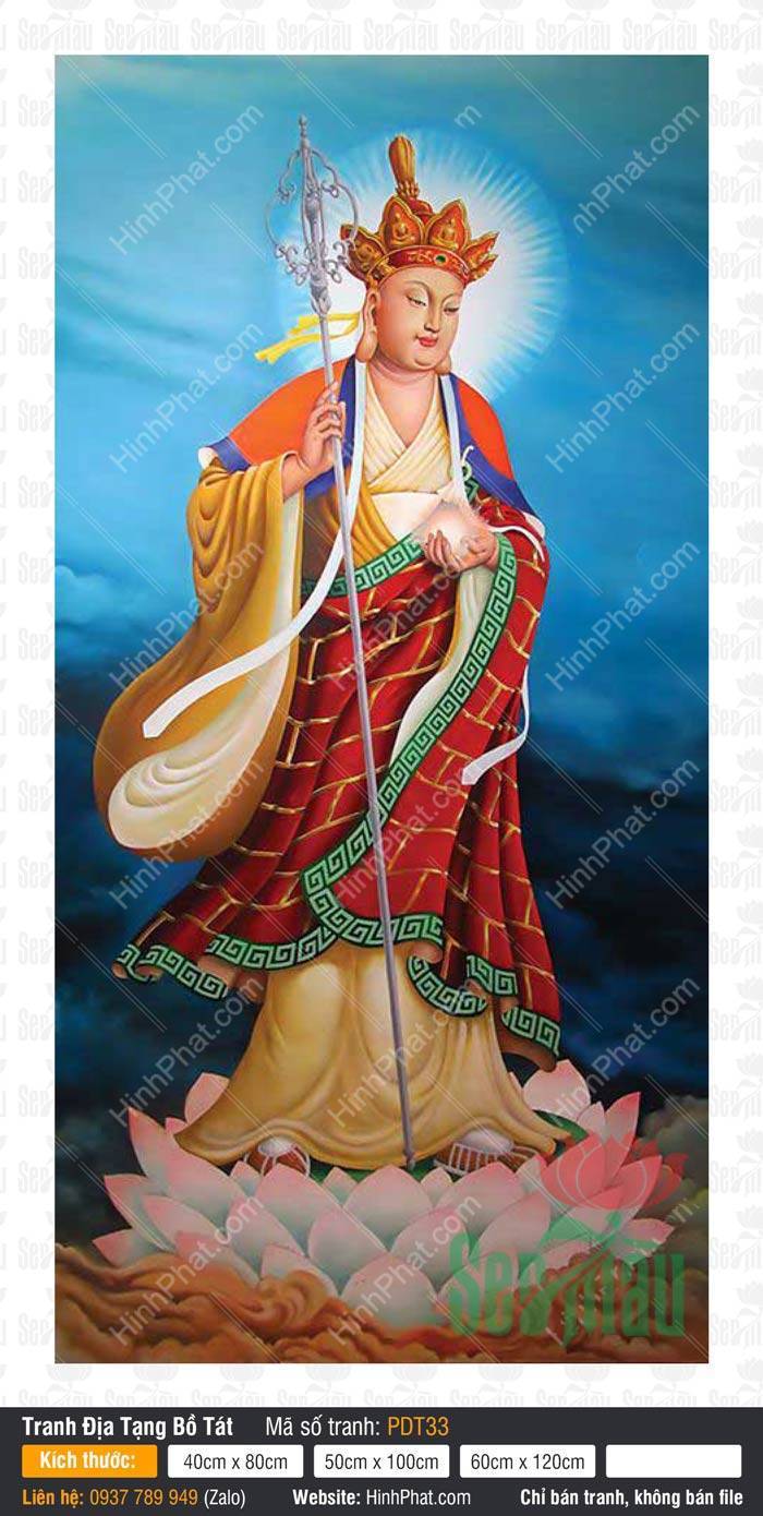 Tranh Địa Tạng Vương Bồ Tát đẹp PDT33 Tranh Địa Tạng Vương Bồ Tát đẹp PDT33 đứng trên đài sen hồng cầm tích trượng trắng và minh châu