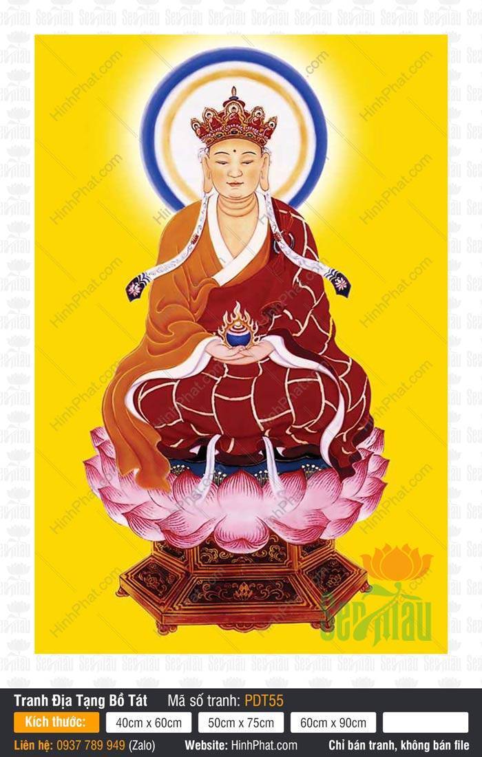 Tranh Địa Tạng Vương Bồ Tát đẹp PDT55 Tranh Địa Tạng Vương Bồ Tát đẹp PDT55 ngồi thiền nâng bảo bình trên nền vàng rực rỡ