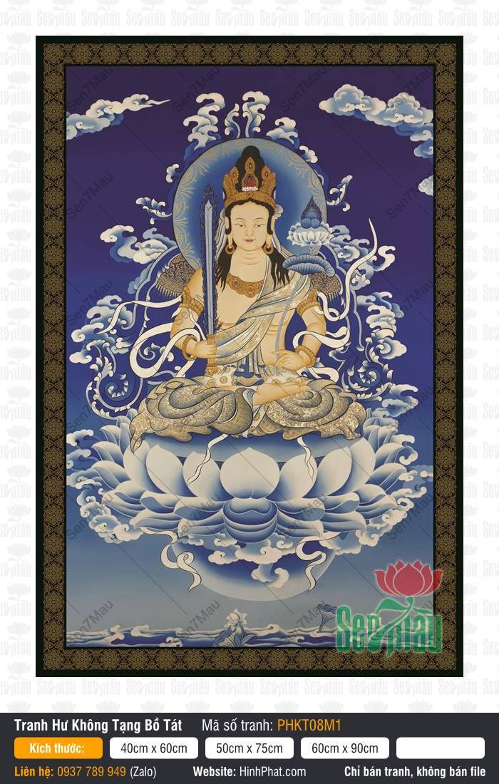 Hư Không Tạng Bồ Tát PHKT08M1 Hình ảnh Hư Không Tạng Bồ Tát PHKT08M1 tọa tòa sen trắng tay cầm kiếm bảo rực lửa