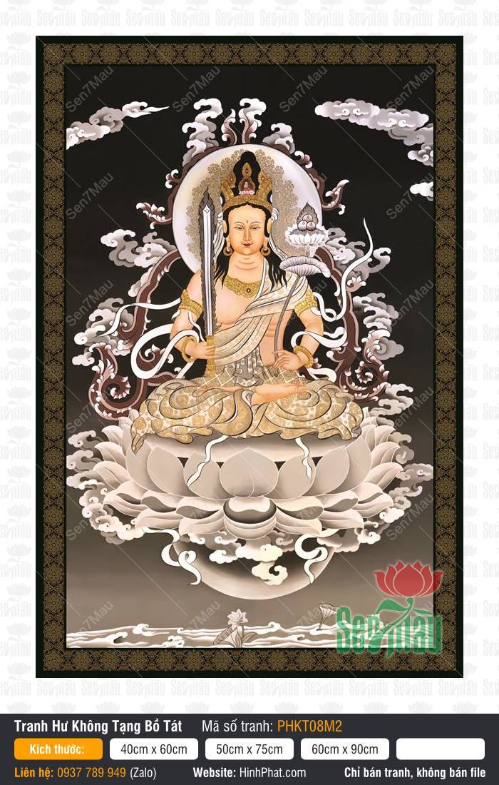 Tranh Hư Không Tạng Bồ Tát PHKT08M2 Tranh Hư Không Tạng Bồ Tát PHKT08M2 cầm kiếm huệ tọa thiền trên tòa sen trắng giữa làn mây