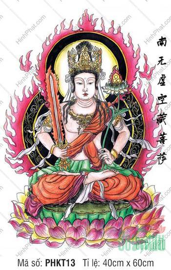 Tranh Hư Không Tạng Bồ Tát Đẹp PHKT13, hào quang lửa đỏ rực rỡ