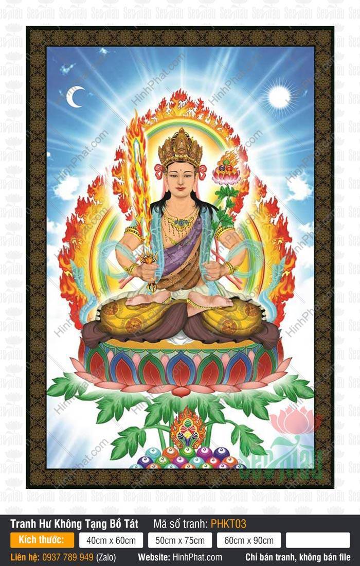 Tranh Hư Không Tạng Bồ Tát Đẹp PHKT03 Tranh Hư Không Tạng Bồ Tát Đẹp PHKT03 mô tả Ngài ngồi trên tòa sen cầm bảo kiếm rực lửa