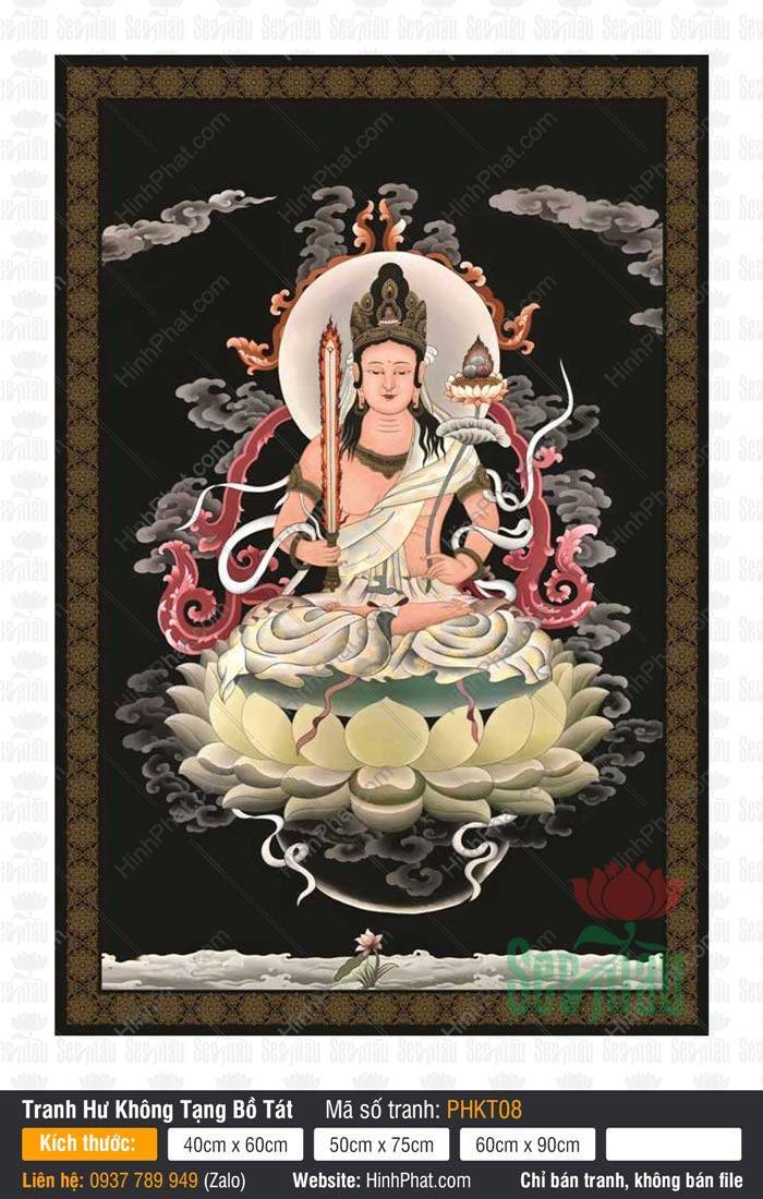 Tranh Hư Không Tạng Bồ Tát Đẹp PHKT08 Tranh Hư Không Tạng Bồ Tát Đẹp PHKT08 tay cầm kiếm huệ ngồi thiền trên tòa sen trắng nhiều tầng