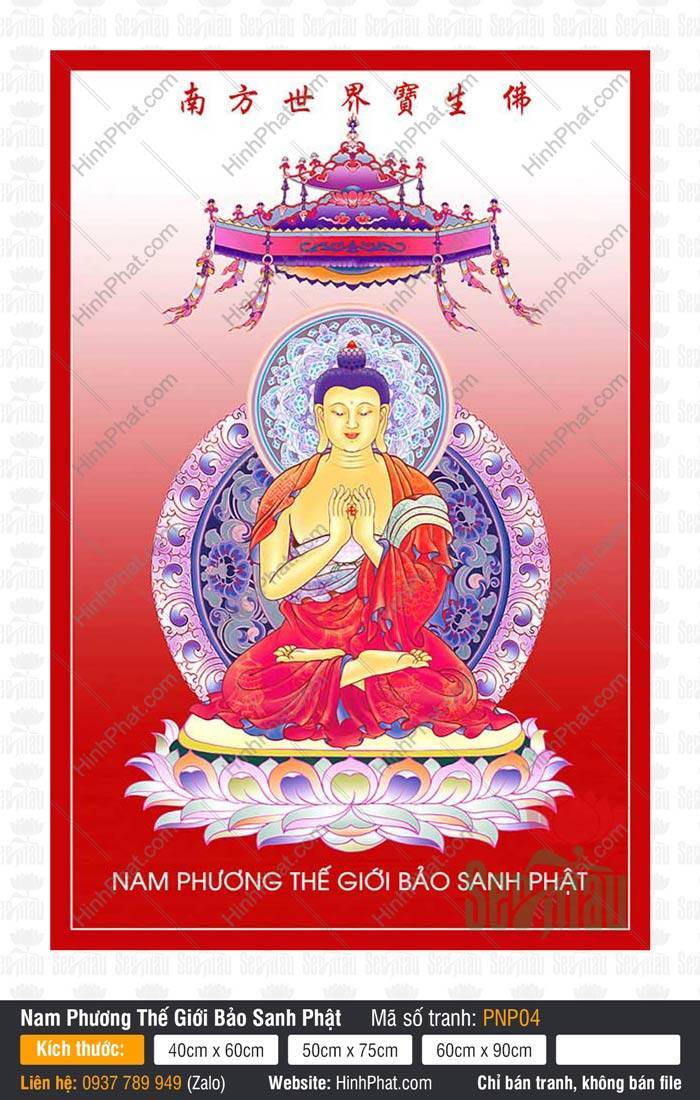 Nam Phương Thế Giới Bảo Sanh Phật PNP04 Nam Phương Thế Giới Bảo Sanh Phật PNP04 kim thân y đỏ ngự tòa sen dưới bảo cái tím