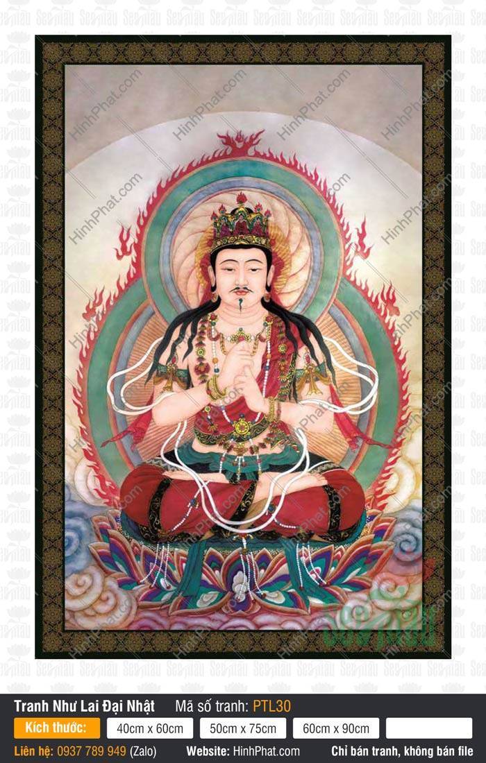 Đại Nhật Như Lai PTL30 Tranh Đại Nhật Như Lai PTL30 với râu tóc uy nghiêm ngự đài sen đa sắc
