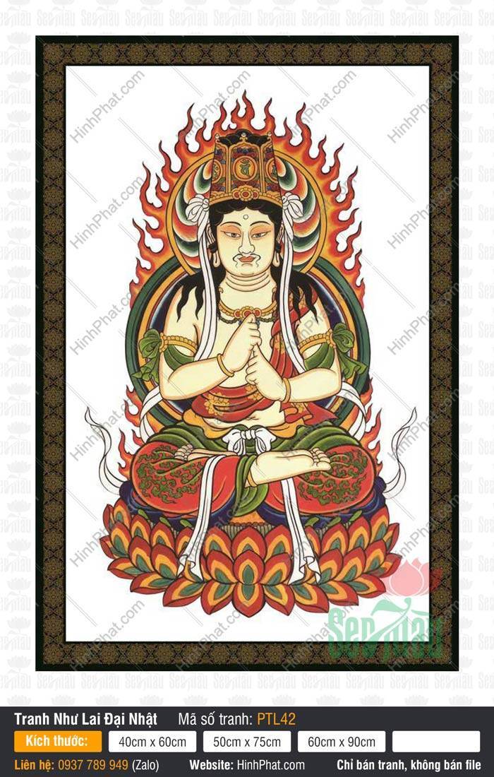 Tranh Đại Nhật Như Lai PTL42 Tranh Đại Nhật Như Lai PTL42 với râu tóc uy nghiêm kết ấn giữa vòng hào quang lửa