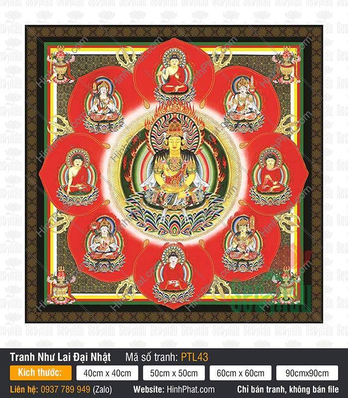 Tỳ Lô Giá Na Phật PTL43 Tỳ Lô Giá Na Phật PTL43 bố cục Mandala với tám vị Phật bao quanh trên nền đỏ