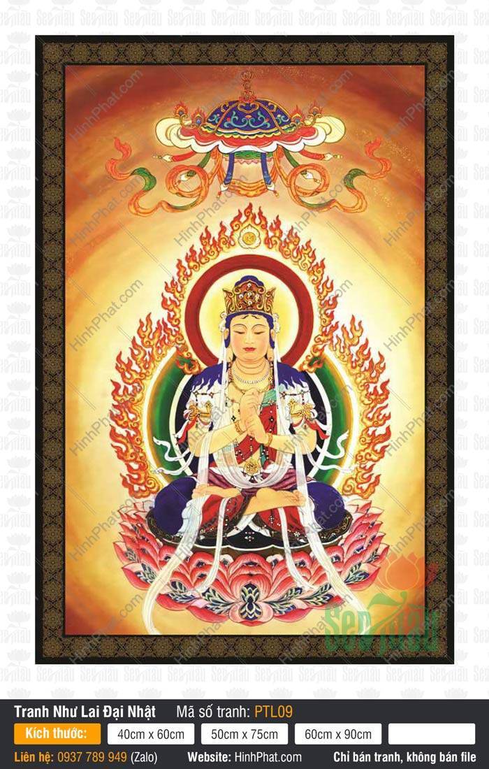Đại Nhật Như Lai PTL09 Hình Đại Nhật Như Lai PTL09 ngự tòa sen hồng tay kết ấn Trí Quyền dưới tàn lọng báu
