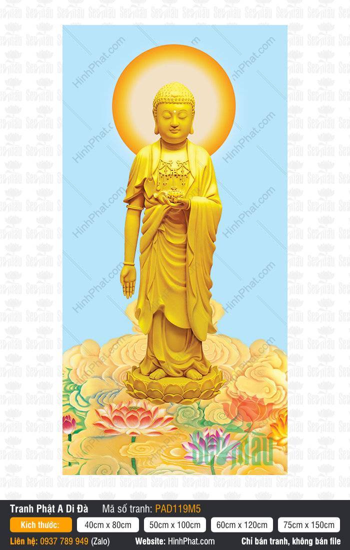 Ảnh A Di Đà Phật PAD119M5 Ảnh A Di Đà Phật PAD119M5 mang sắc vàng kim đứng trên đài sen tỏa hào quang rực rỡ