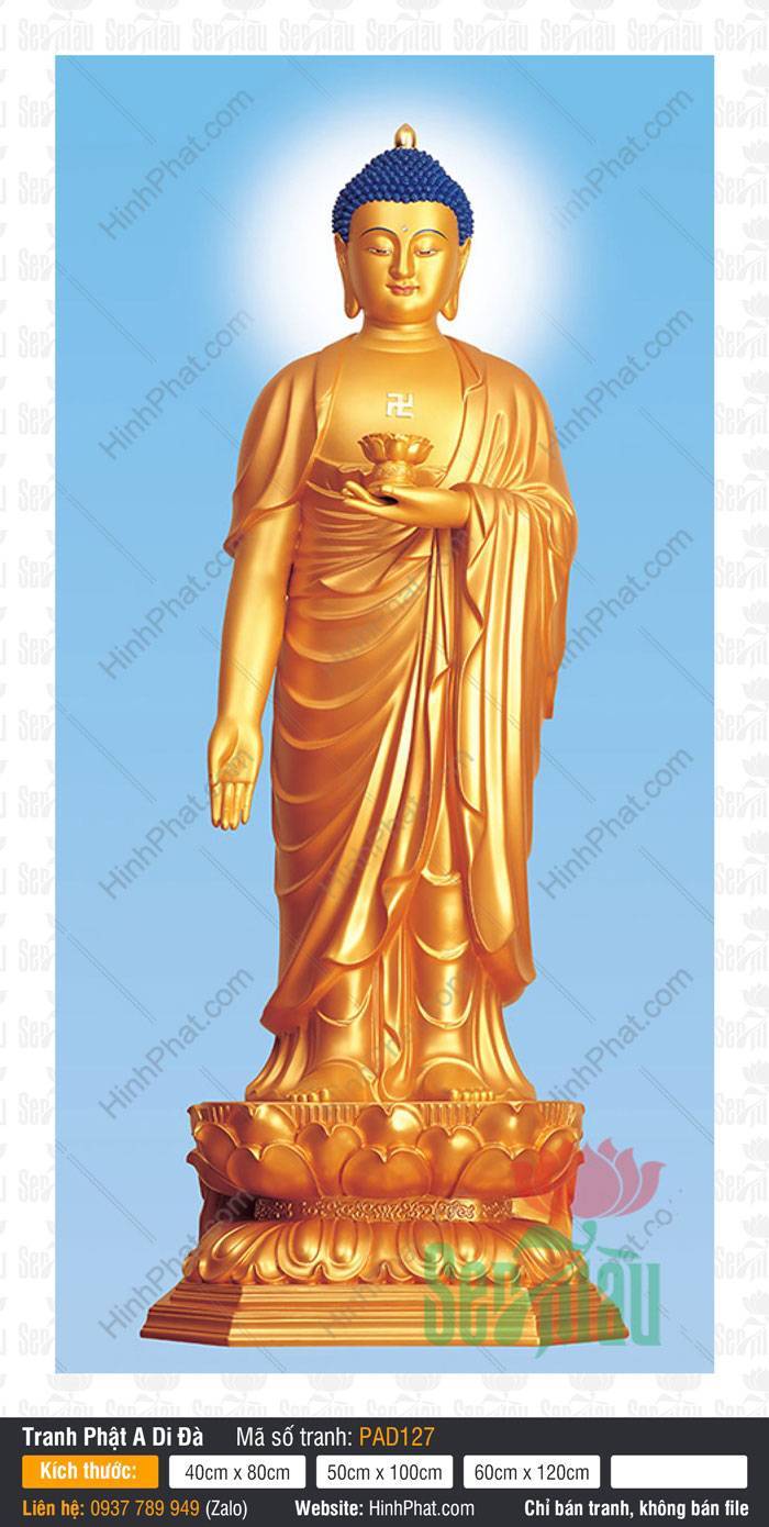 Ảnh A Di Đà Phật PAD127 Ảnh A Di Đà Phật PAD127 toàn thân sắc vàng đứng trên đài sen