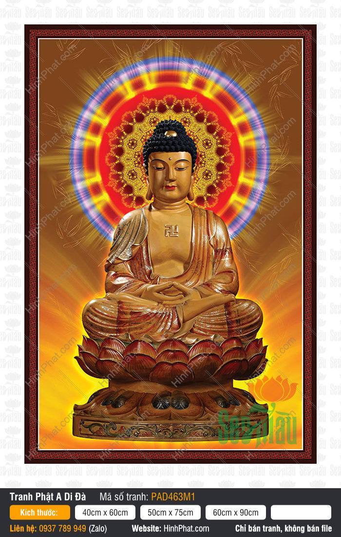 Ảnh A Di Đà Phật PAD463M1 Bức ảnh A Di Đà Phật an tọa kiết giá trên tòa sen đỏ tỏa hào quang sắc màu