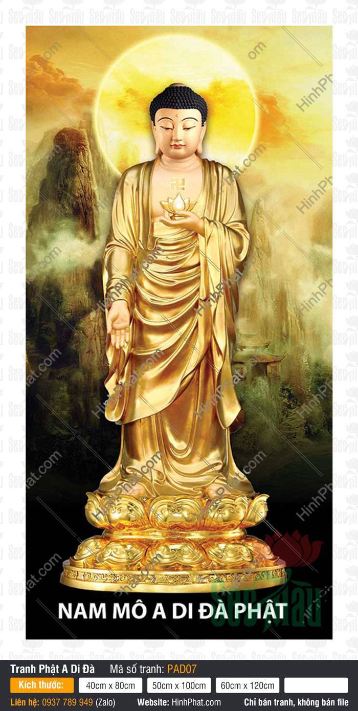 Ảnh Phật A Di Đà Đẹp PAD07 Mẫu Ảnh Phật A Di Đà Đẹp PAD07 đứng trên đài sen vàng giữa hào quang núi mây