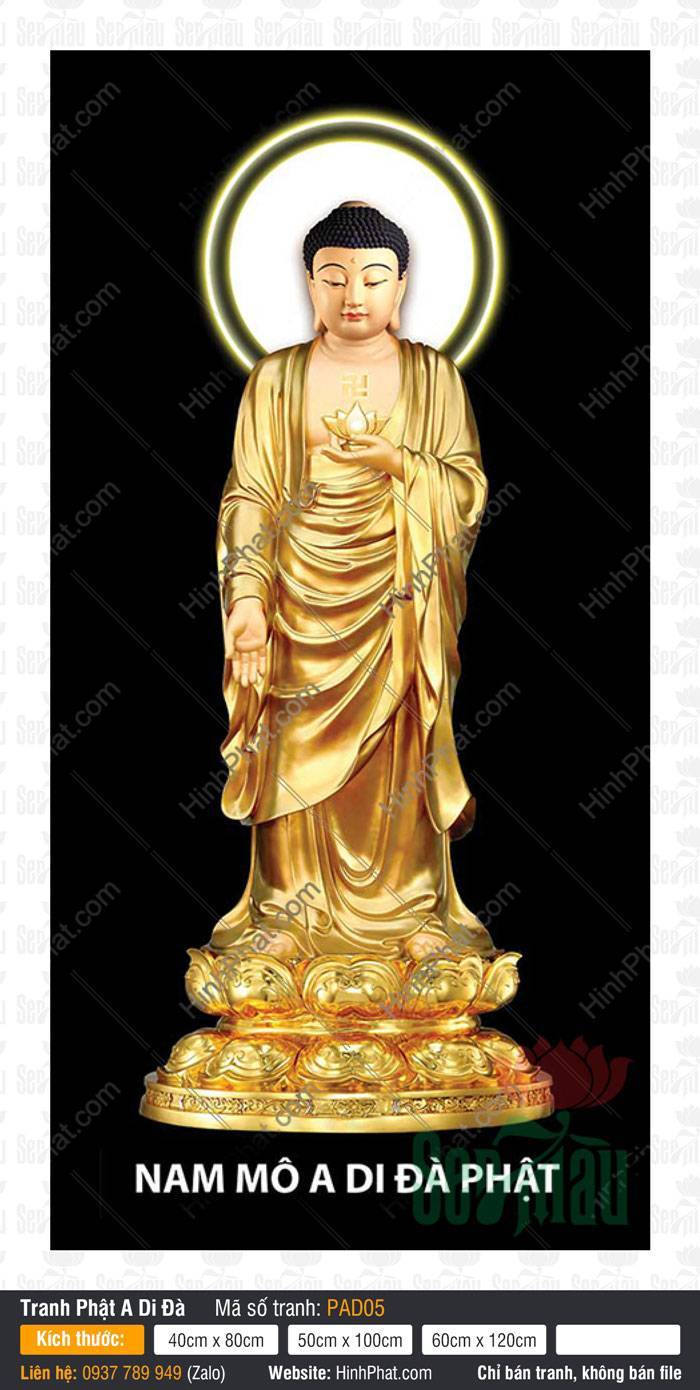 Ảnh Phật A Di Đà PAD05 Ảnh Phật A Di Đà PAD05 y áo vàng kim đứng trên đài sen tỏa hào quang