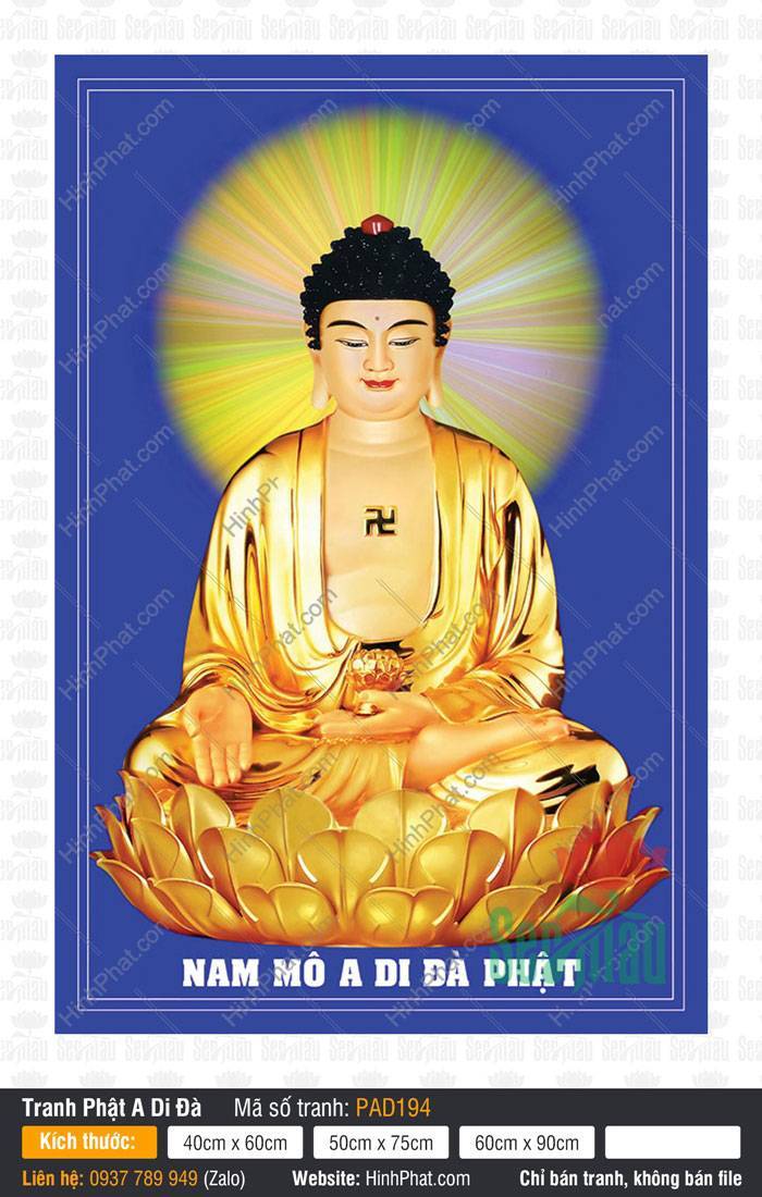 Ảnh Phật A Di Đà PAD194 Ảnh Phật A Di Đà PAD194 ngự kiết già trên tòa sen vàng tỏa hào quang rực rỡ