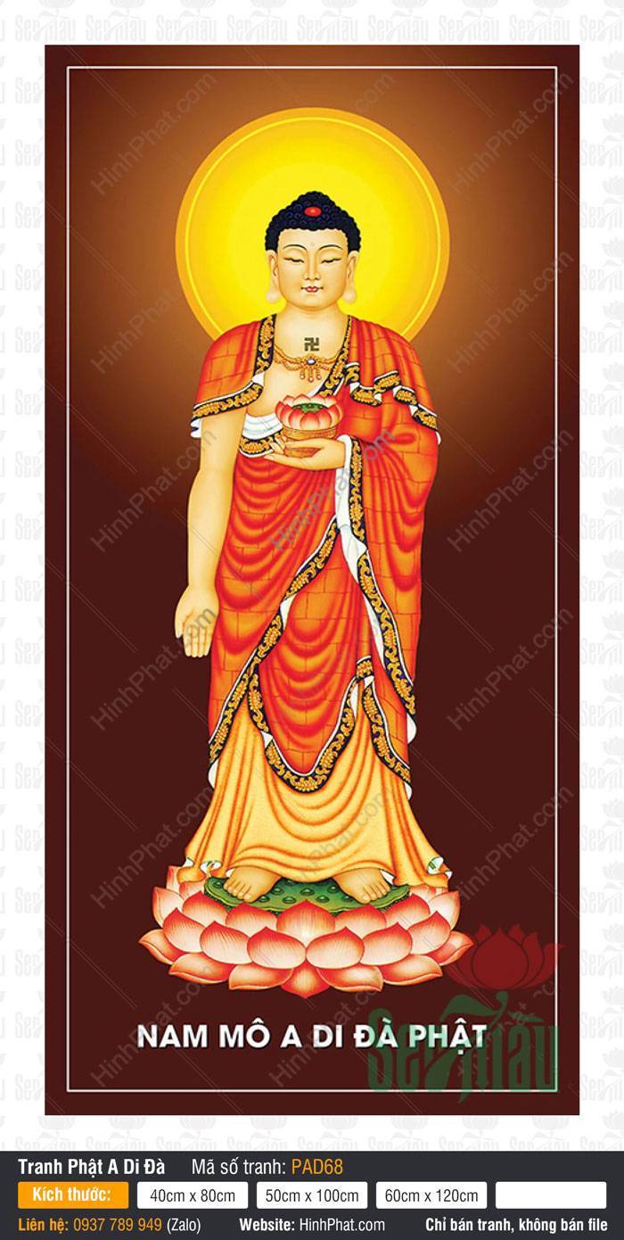 Ảnh Phật A Di Đà PAD68 Ảnh Phật A Di Đà PAD68 khoác y đỏ cam đứng ngự đài sen hồng trên nền nâu đỏ