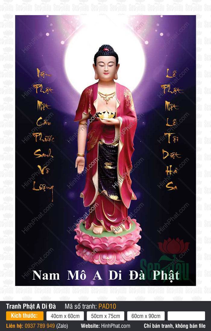 Đức Phật A Di Đà PAD10 Đức Phật A Di Đà PAD10 khoác y áo đỏ đứng trên đài sen hồng dưới hào quang