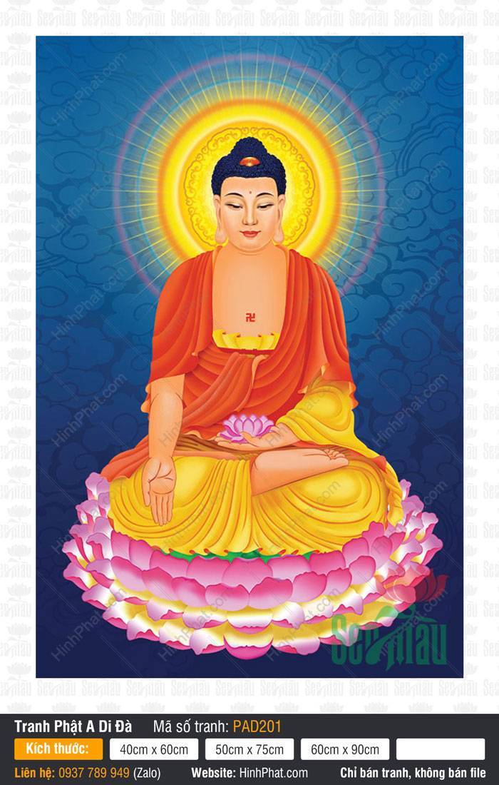 Đức Phật A Di Đà PAD201 Bức tranh Đức Phật A Di Đà tọa trên đài sen hồng với vòng hào quang tỏa sáng