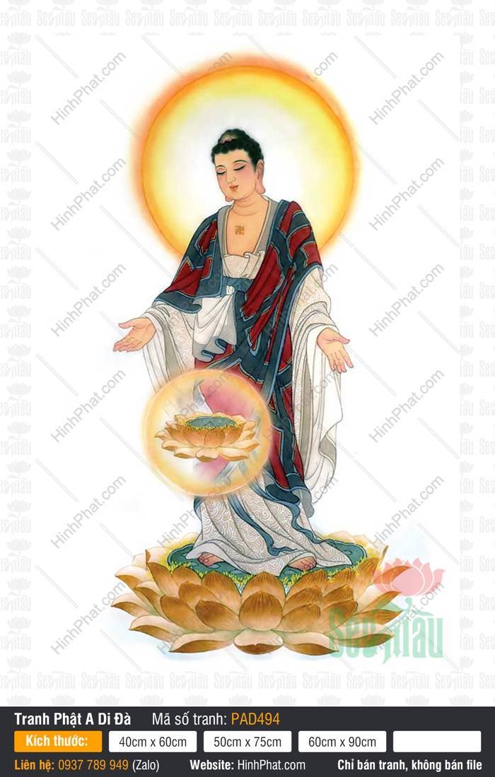 Hình A Di Đà PAD494 Hình A Di Đà dáng đứng khoác y áo đỏ bên quả cầu sen sáng