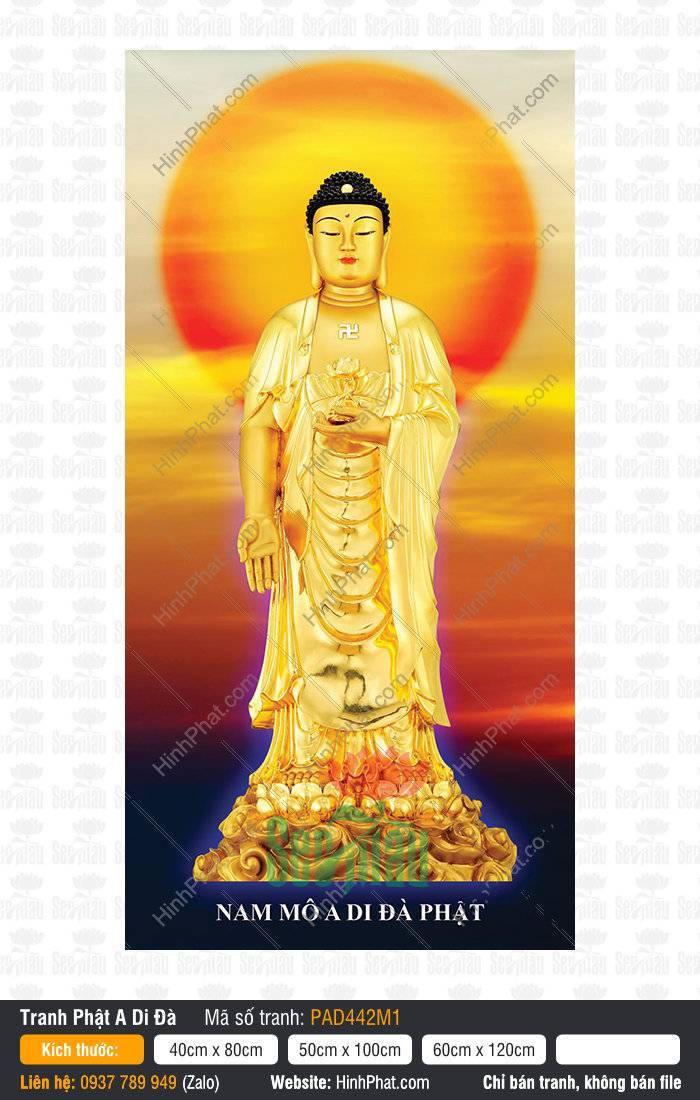 Hình A Di Đà Phật Chất Lượng Cao PAD442M1 Hình A Di Đà Phật Chất Lượng Cao PAD442M1 đứng trên đài sen nền vầng nhật