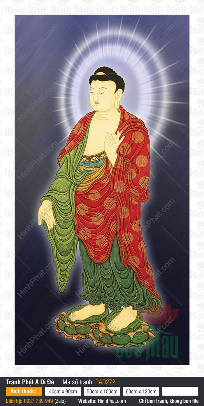 Hinh Anh Nam Mô A Di Đà Phật PAD272 Hinh Anh Nam Mô A Di Đà Phật đắp y đỏ họa tiết vàng đứng trên sen xanh