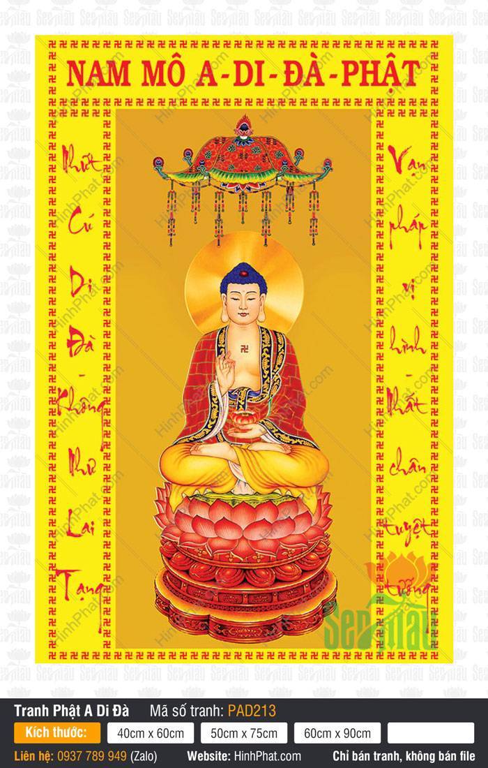 Hình Ảnh Phật A Di Đà Chất Lượng Cao PAD213 Hình Ảnh Phật A Di Đà Chất Lượng Cao ngồi tòa sen dưới bảo cái nền vàng