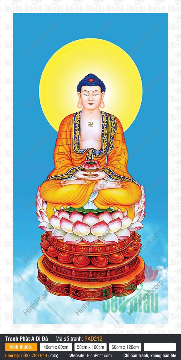 Hình Ảnh Phật A Di Đà PAD212 Hình Ảnh Phật A Di Đà ngự tòa sen hồng bệ đỏ trên nền trời xanh