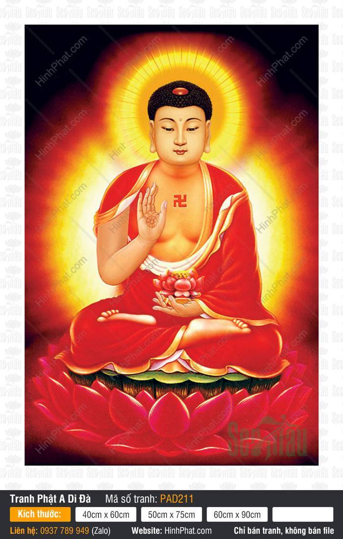 Hình Ảnh Phật A Di Đà PAD211 Hình ảnh Phật A Di Đà PAD211 ngự đài sen đỏ tỏa hào quang vàng rực