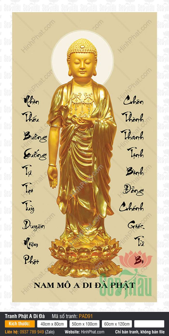 Hình Ảnh Phật A Di Đà PAD91 Hình Ảnh Phật A Di Đà PAD91 ngự đài sen vàng trên nền thư pháp