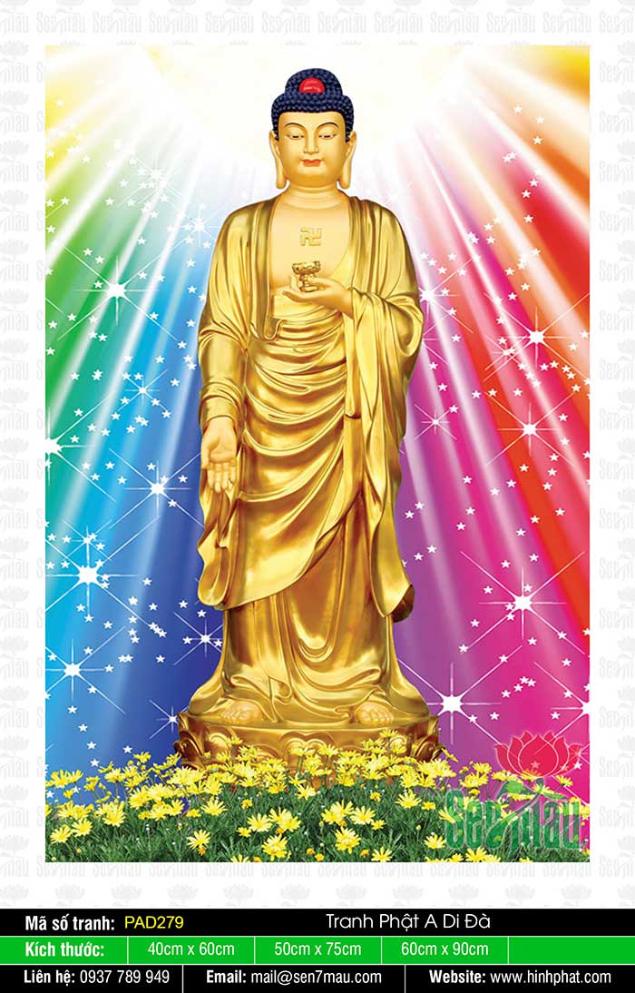 Phật A Di Đà Tiếp Dẫn - vị Diệu Tâm Bồ Tát với khả năng dẫn đưa con người đi đến cõi Niết Bàn. Hình ảnh này truyền tải sự niềm tin vào những điều tốt đẹp, đồng thời giúp bạn khai mở tâm hồn và tìm kiếm đường đi tốt đẹp hơn trong cuộc sống.