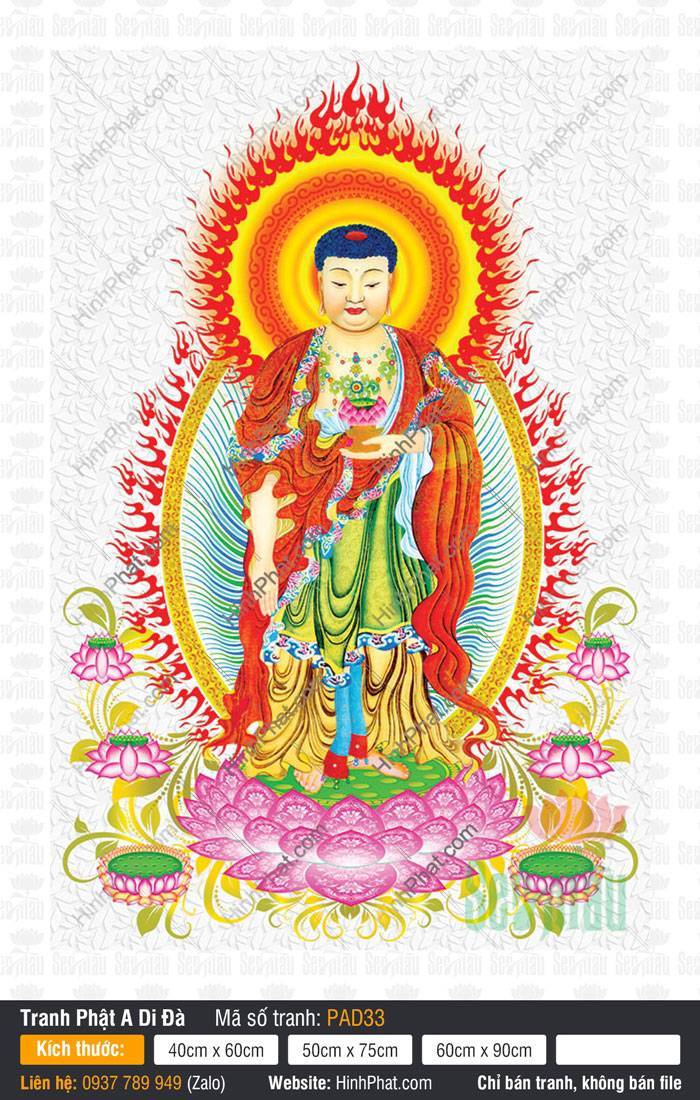 Hình Phật A Di Đà Chất Lượng Cao PAD33 Hình Phật A Di Đà Chất Lượng Cao khoác y đỏ tỏa hào quang lửa đỏ
