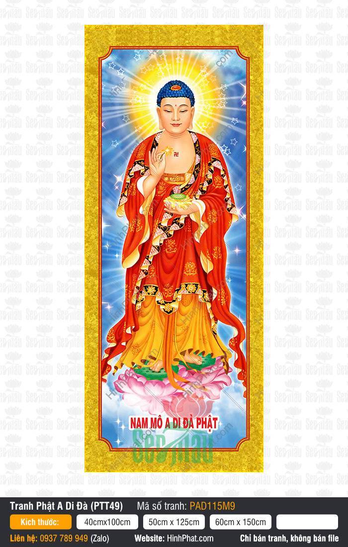 Hình Phật A Di Đà Đẹp PAD115M9 Hình Phật A Di Đà Đẹp PAD115M9 đứng trên đài sen hồng nền trời xanh