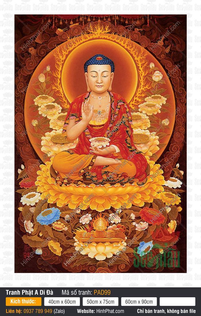 Hình Phật A Di Đà Khổ Lớn PAD99 Hình Phật A Di Đà Khổ Lớn an tọa đài sen vàng tỏa hào quang rực rỡ