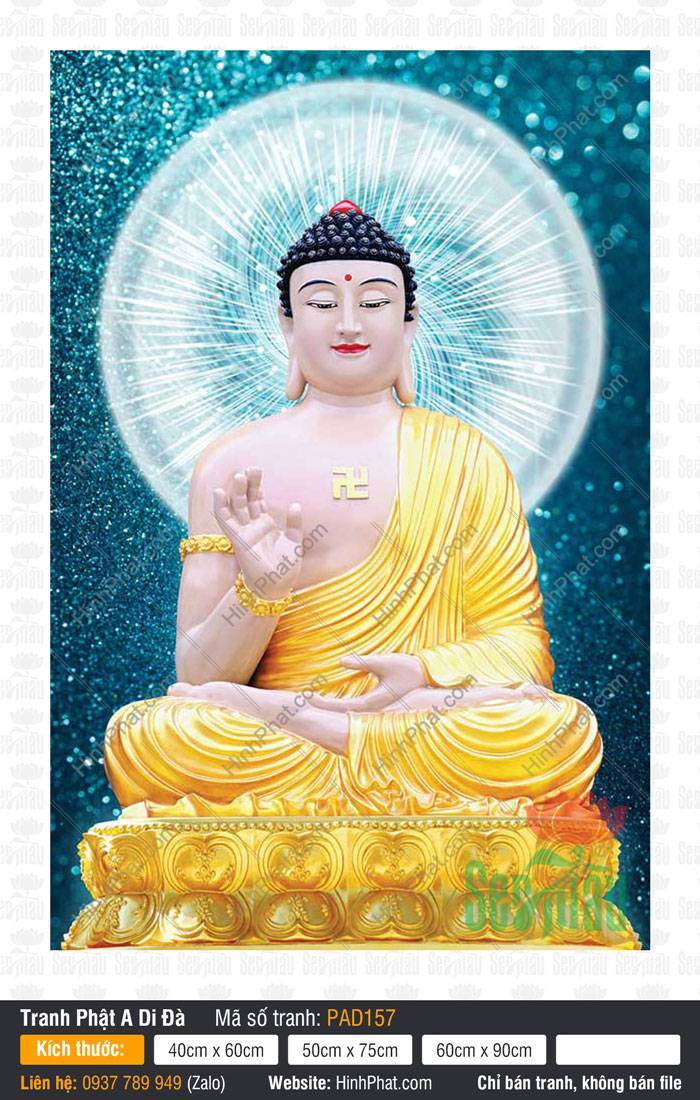 Hình Phật A Di Đà PAD157 Hình Phật A Di Đà PAD157 ngồi kiết già trên bệ vàng nền xanh ngọc lấp lánh