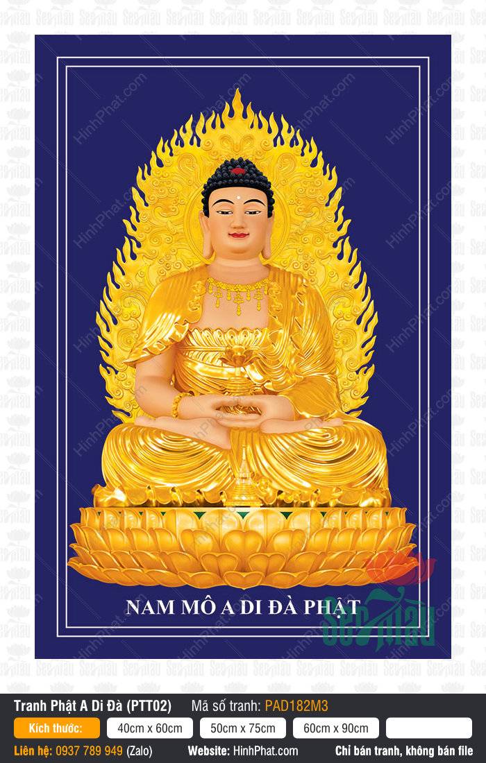 Hình Phật A Di Đà PAD182M3 ngồi trên tòa sen vàng nền xanh