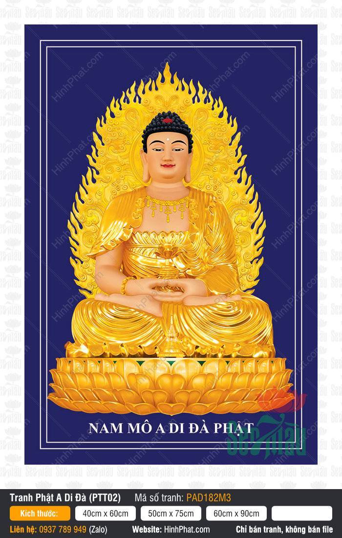 Hình Phật A Di Đà PAD182M3 Hình Phật A Di Đà ngồi thiền trên tòa sen vàng với hào quang lửa rực rỡ