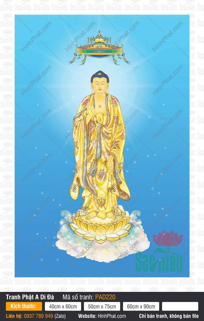 Hình Phật A Di Đà PAD220 Hình Phật A Di Đà đứng trên đài sen vàng dưới lọng báu nền trời xanh