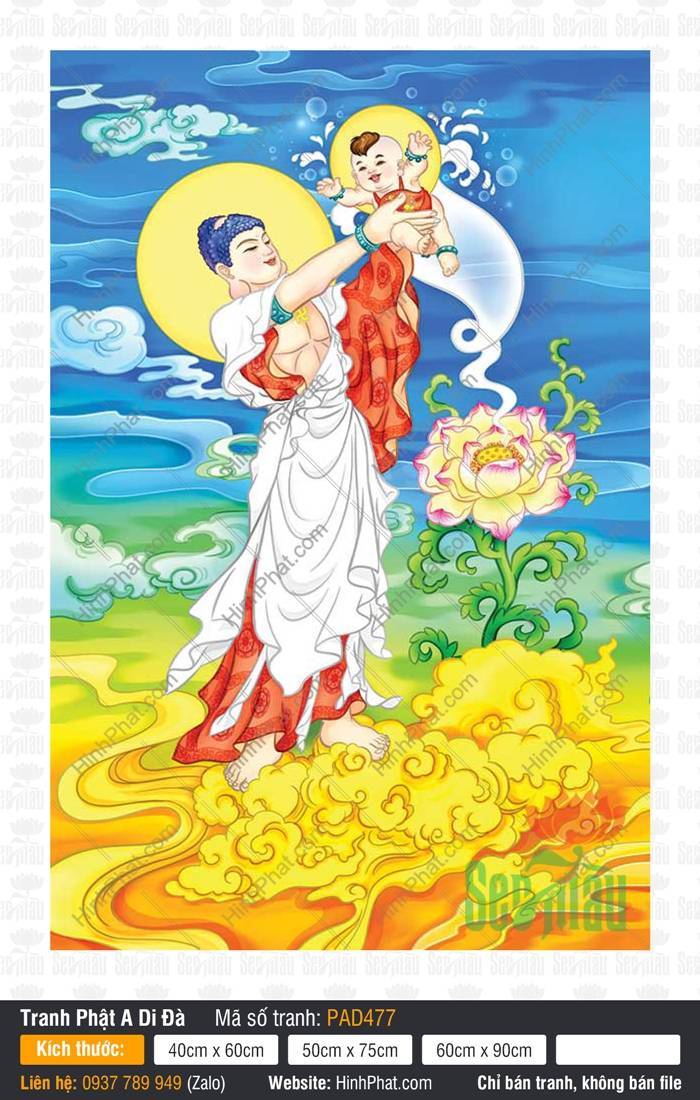 Hình Phật A Di Đà PAD477 Hình Phật A Di Đà PAD477 dáng đứng nâng em bé trên đài mây vàng