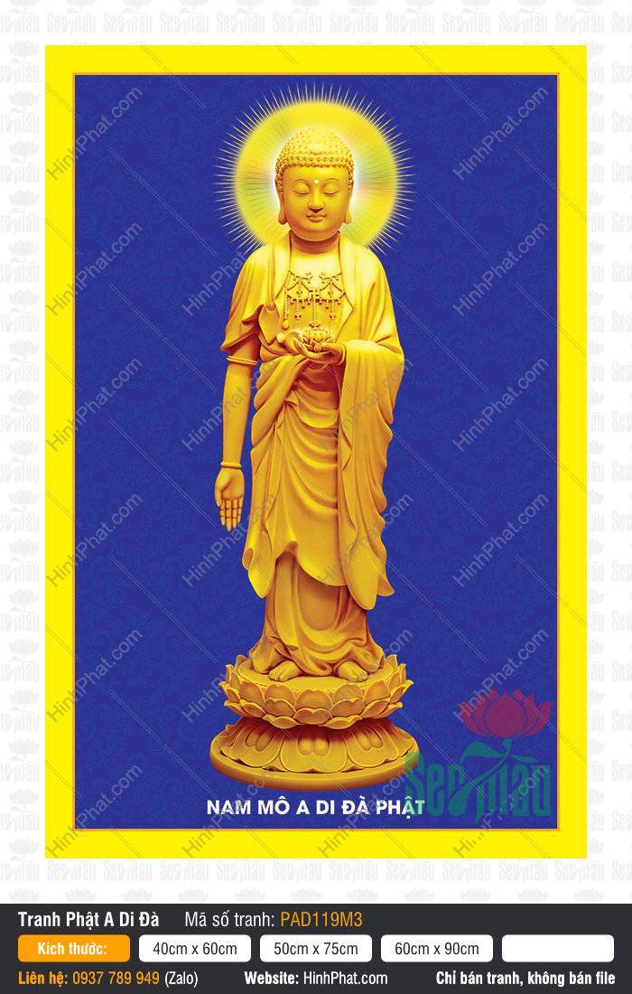 Hình Phật A Di Đà - Tranh Phật PAD119M3 Hình Phật A Di Đà - Tranh Phật PAD119M3 toàn thân vàng đứng đài sen