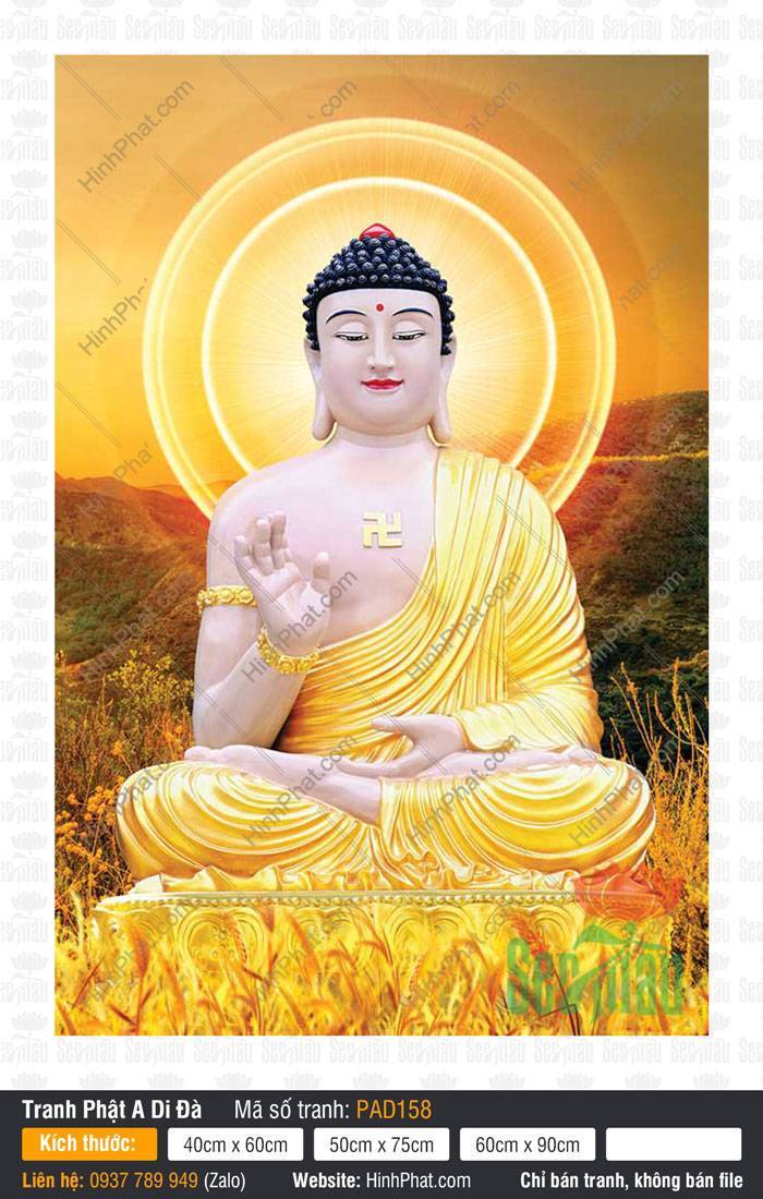 Hình Phật A Di Đà PAD158 Hình Phật A Di Đà PAD158 an tọa trên bệ vàng giữa phong cảnh đồi núi