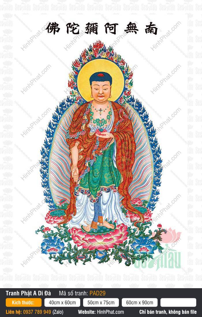 Hình Phật A Mi Đà PAD29 Hình Phật A Mi Đà đứng trên đài sen khoác y đỏ tỏa hào quang trên nền trắng