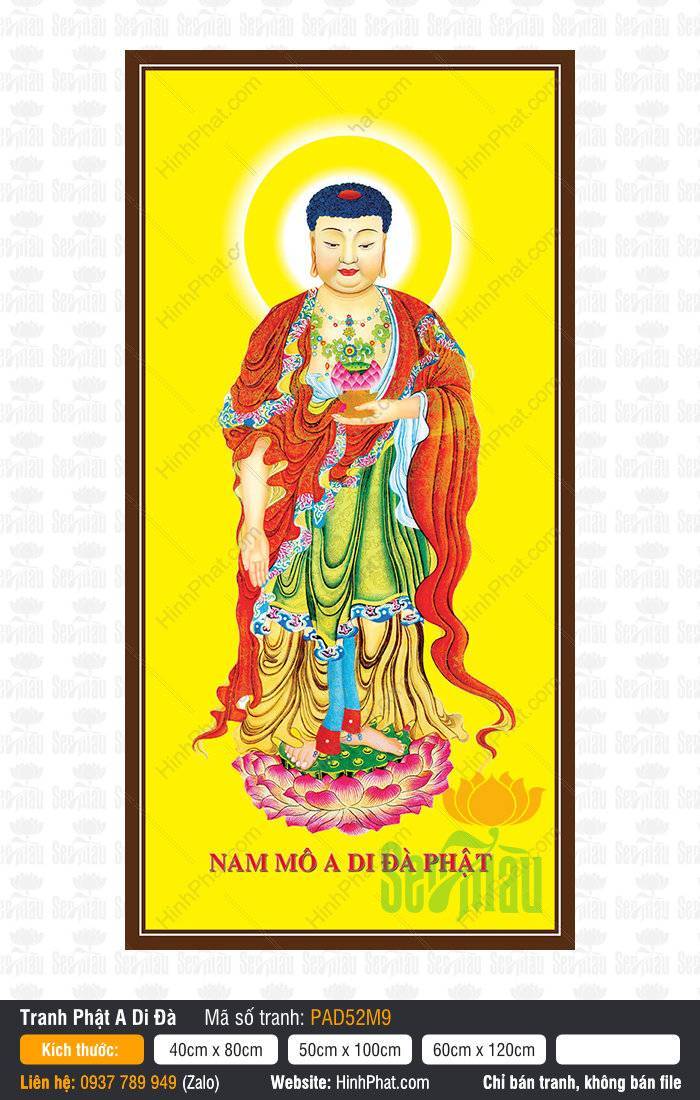 Những Hình Ảnh Phật A Di Đà Đẹp Nhất PAD52M9 Những Hình Ảnh Phật A Di Đà Đẹp Nhất PAD52M9 đứng trên đài sen hồng nền vàng